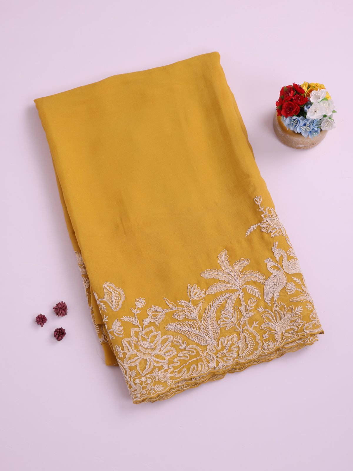Yellow Embroidered Chiffon Saree