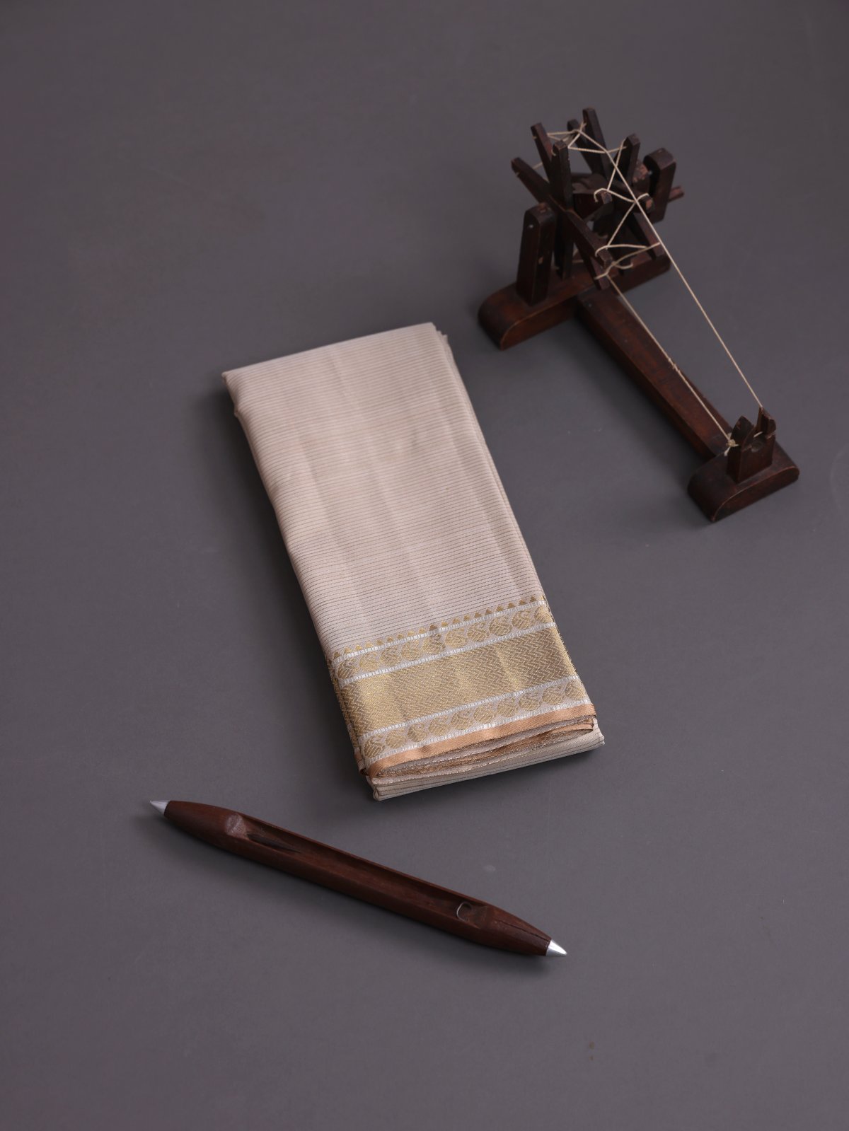 Greige Zari Striped  Silk Dhoti With Zari Border