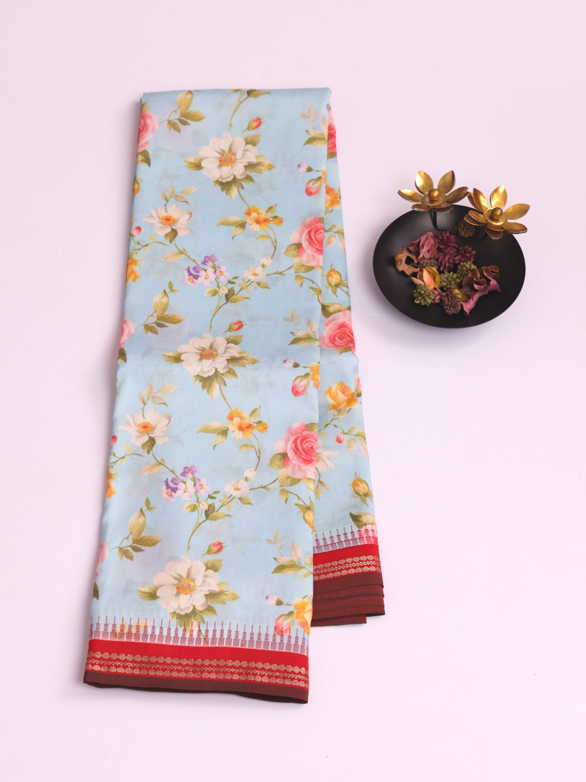 Light Blue Printed Kanjeevaram Silk Saree With  Red Border.