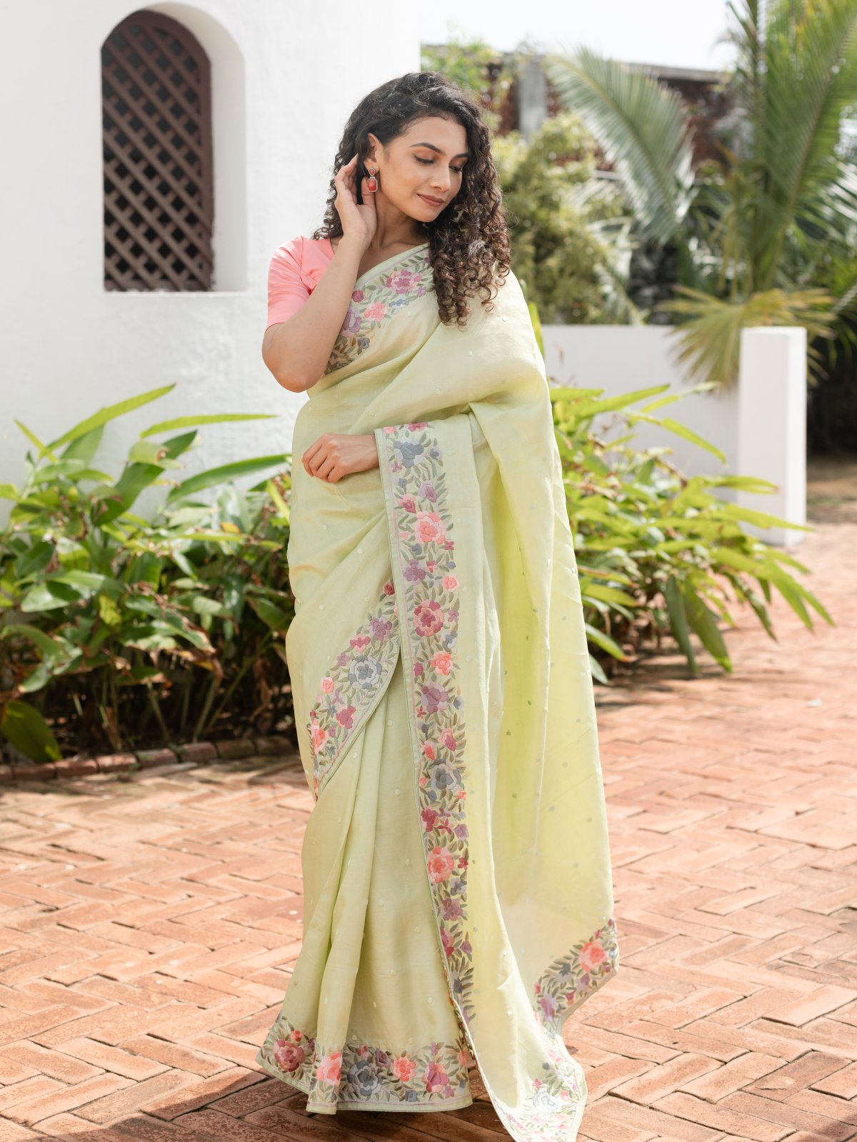 Light Green Tussar Silk Saree With Floral Embroidery
