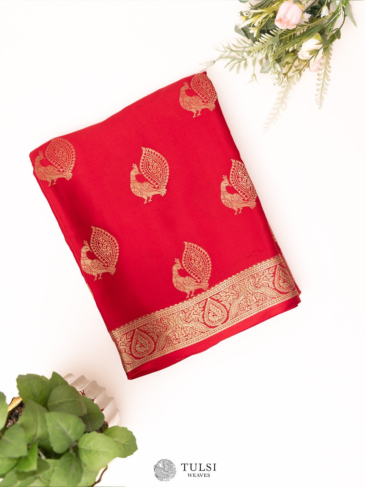 Red Mysore Silk Saree with Self Zari Border