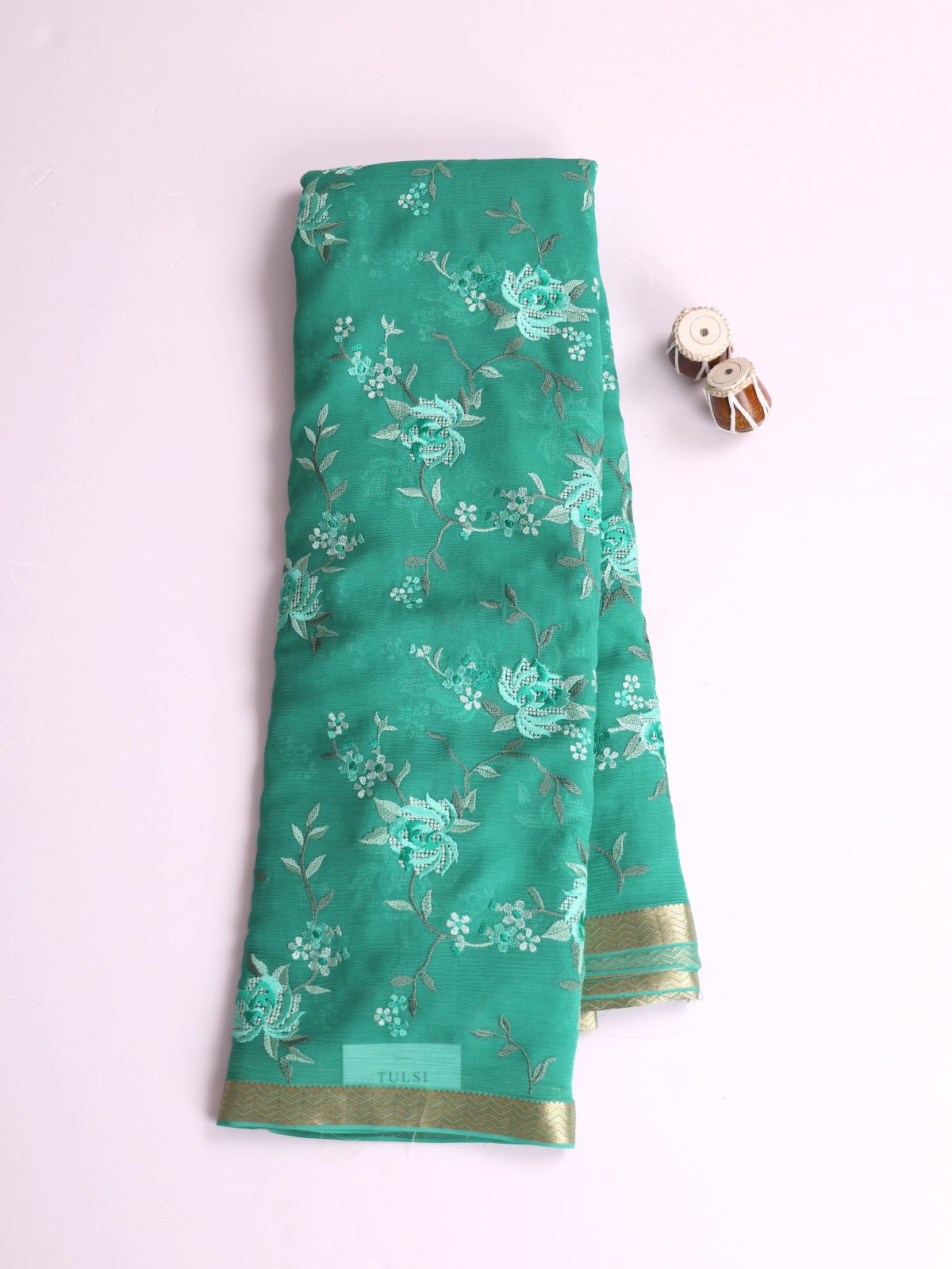 Teal Green Embroidered Chiffon Silk Saree