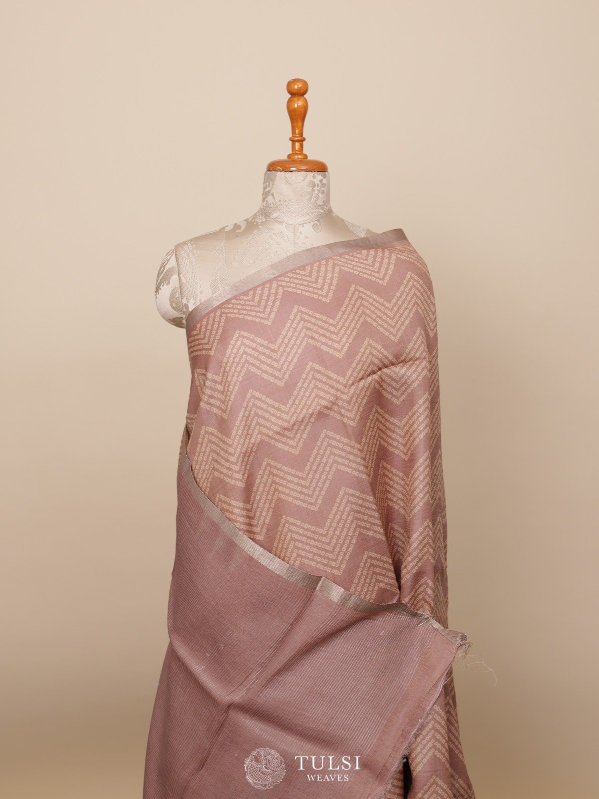 Rosy Brown Tussar Silk Saree with Bandhini Print