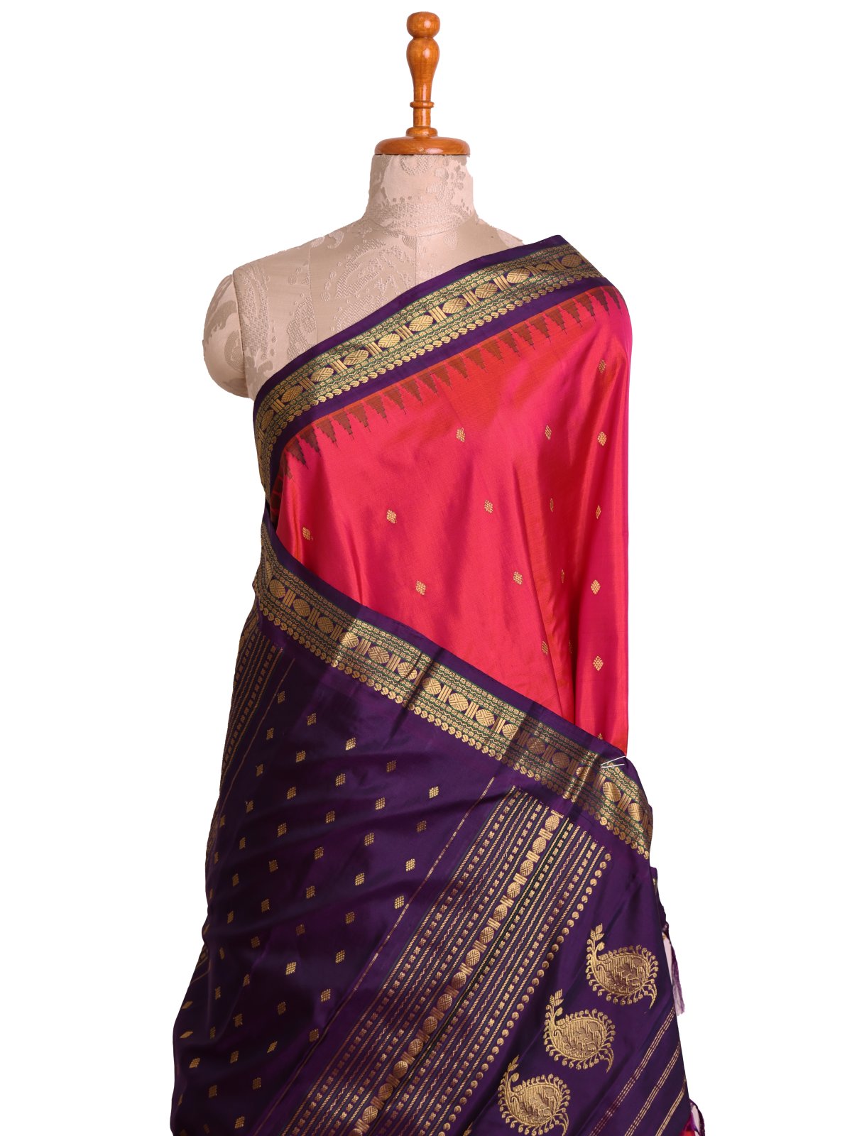 Orangish Pink Gadwal Silk Saree With Violet Border