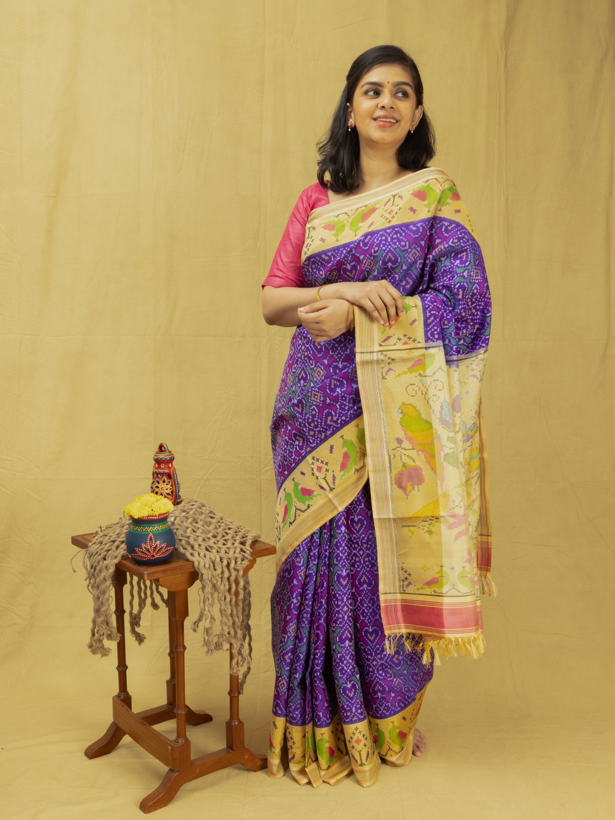 Buff-Yellow Cotton Saree From Assam With Contrast Floral And Silver Zari  Woven Motif | Exotic India Art