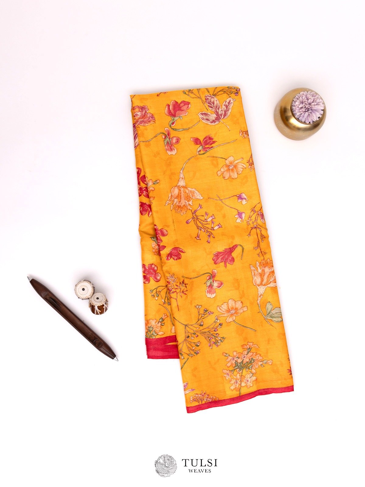 Mustard Printed Tussar Silk Saree