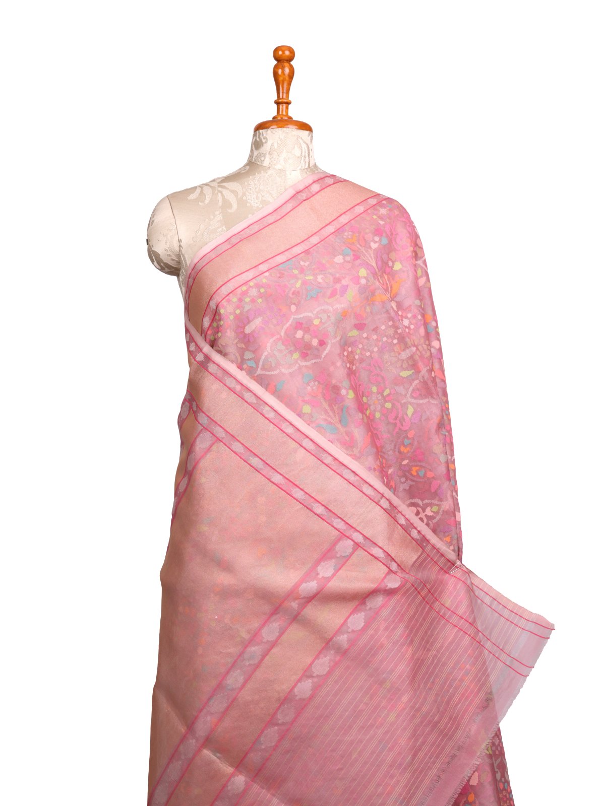 Pastel Pink Kora Jamdani Silk Saree With Zari Border