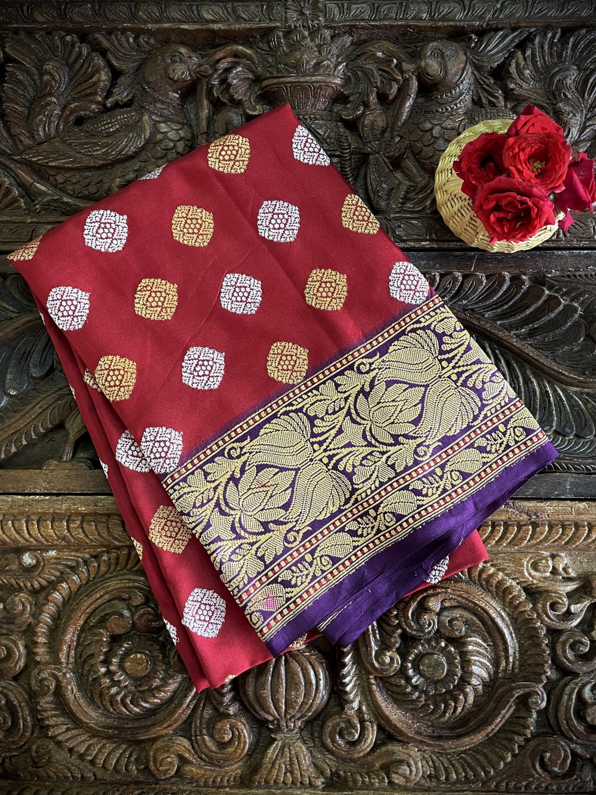 Red Banaras Silk Blouse With Gold and Silver Zari Butties 