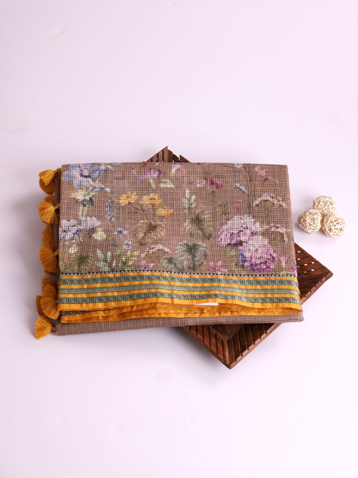 Light Brown Printed Kota Cotton Saree With Mustard Yellow  Vidarbha Border