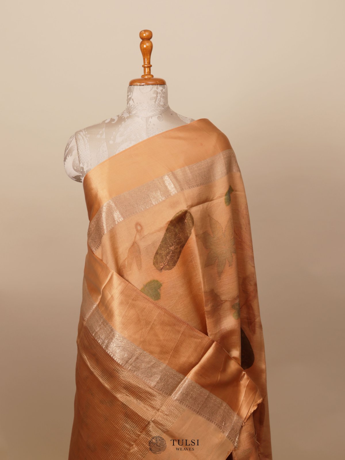 Light Peach Eco Print Silk Saree With Satin Border