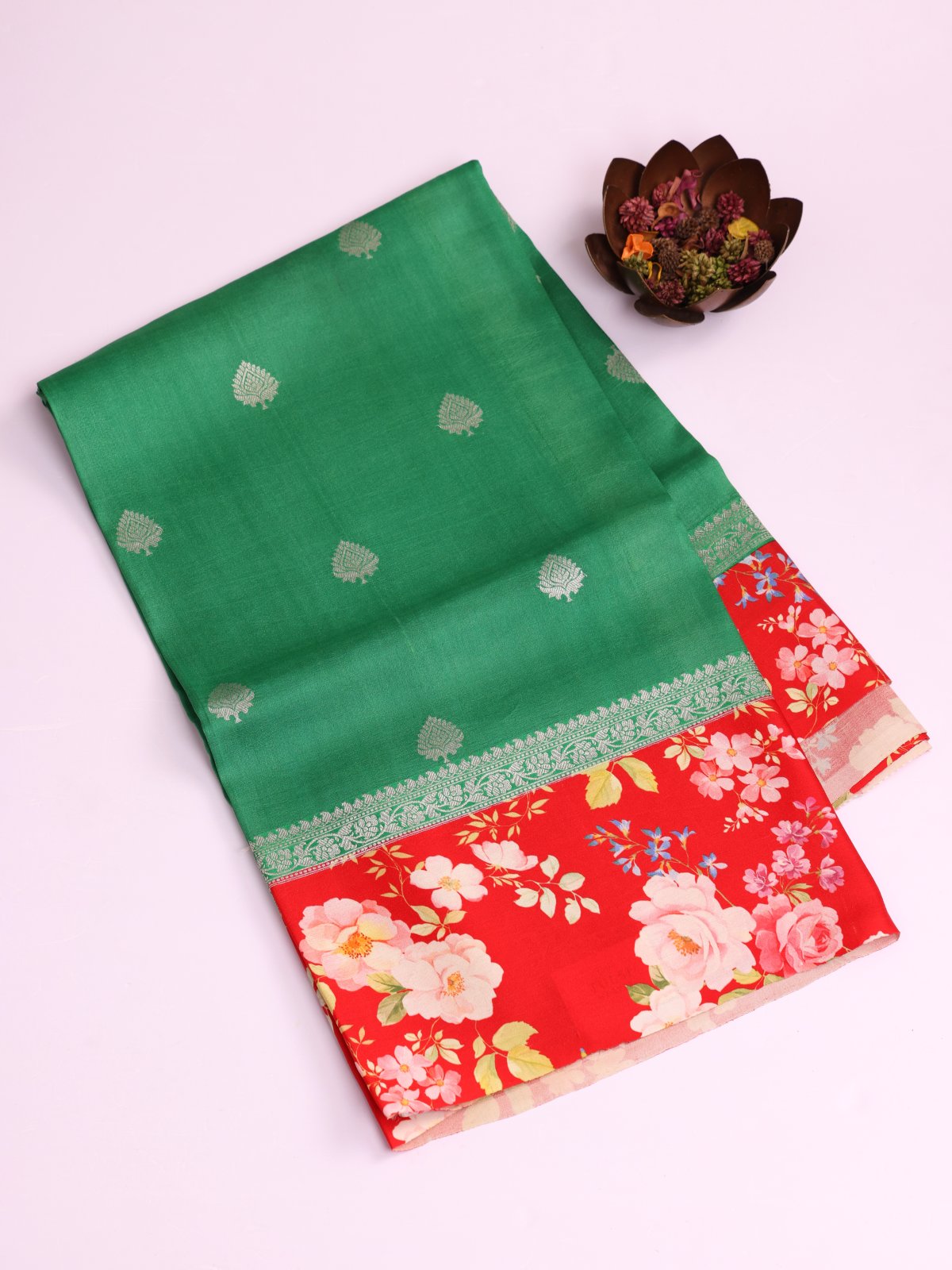 Emerald Green Banaras Tussar Georgette Silk Saree With Printed Red Border