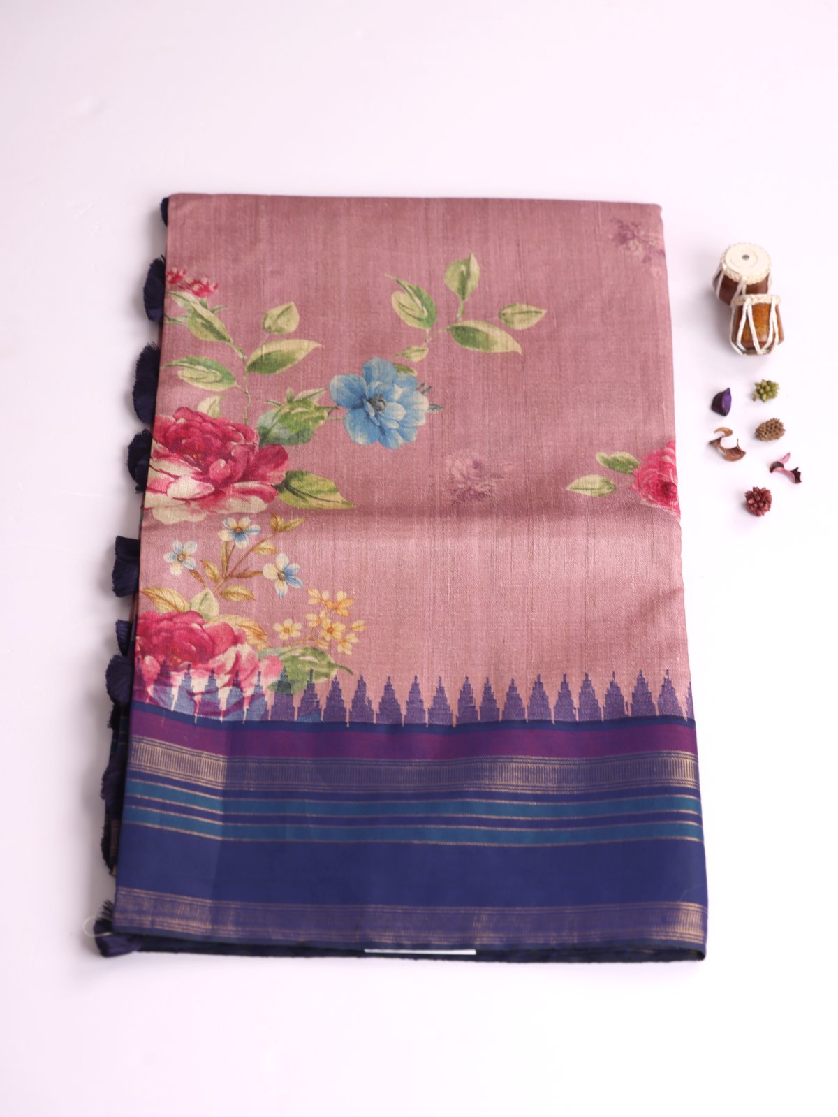Dusty Rose Printed Tussar Silk Saree With Navy Blue Border