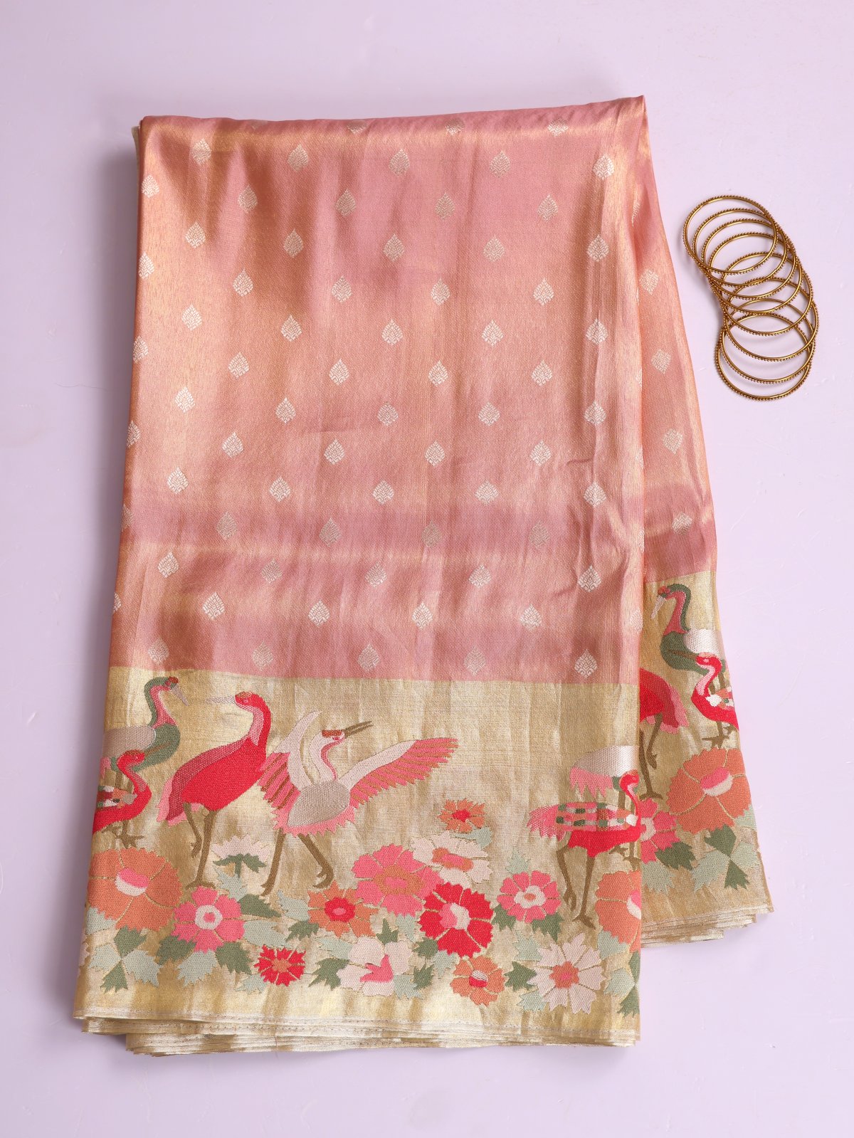 Peachy Pink Tissue Kanjeevaram Silk Saree With Embroidered Border