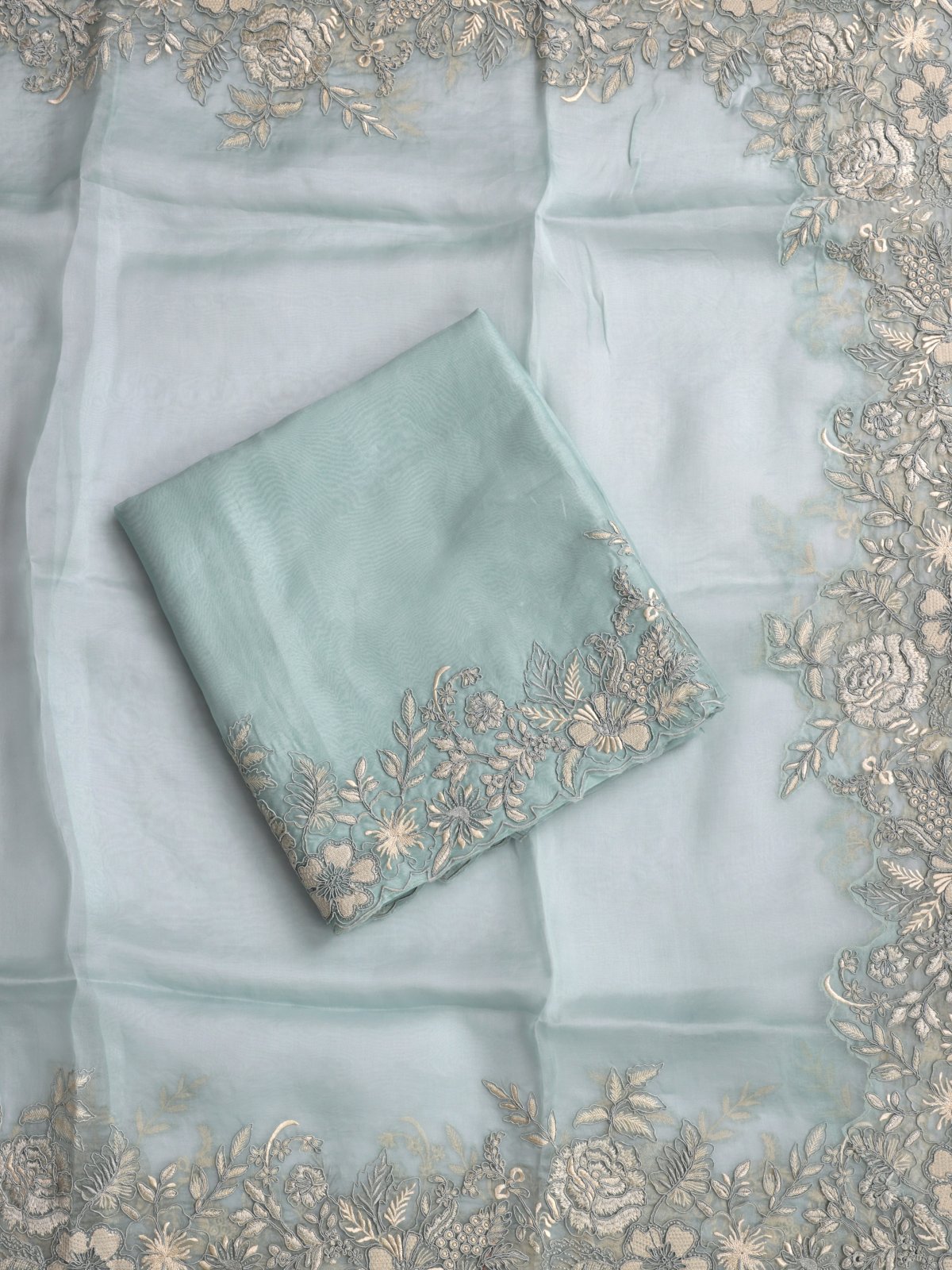 Light Greenish Blue Embroidered Organza Salwar Material