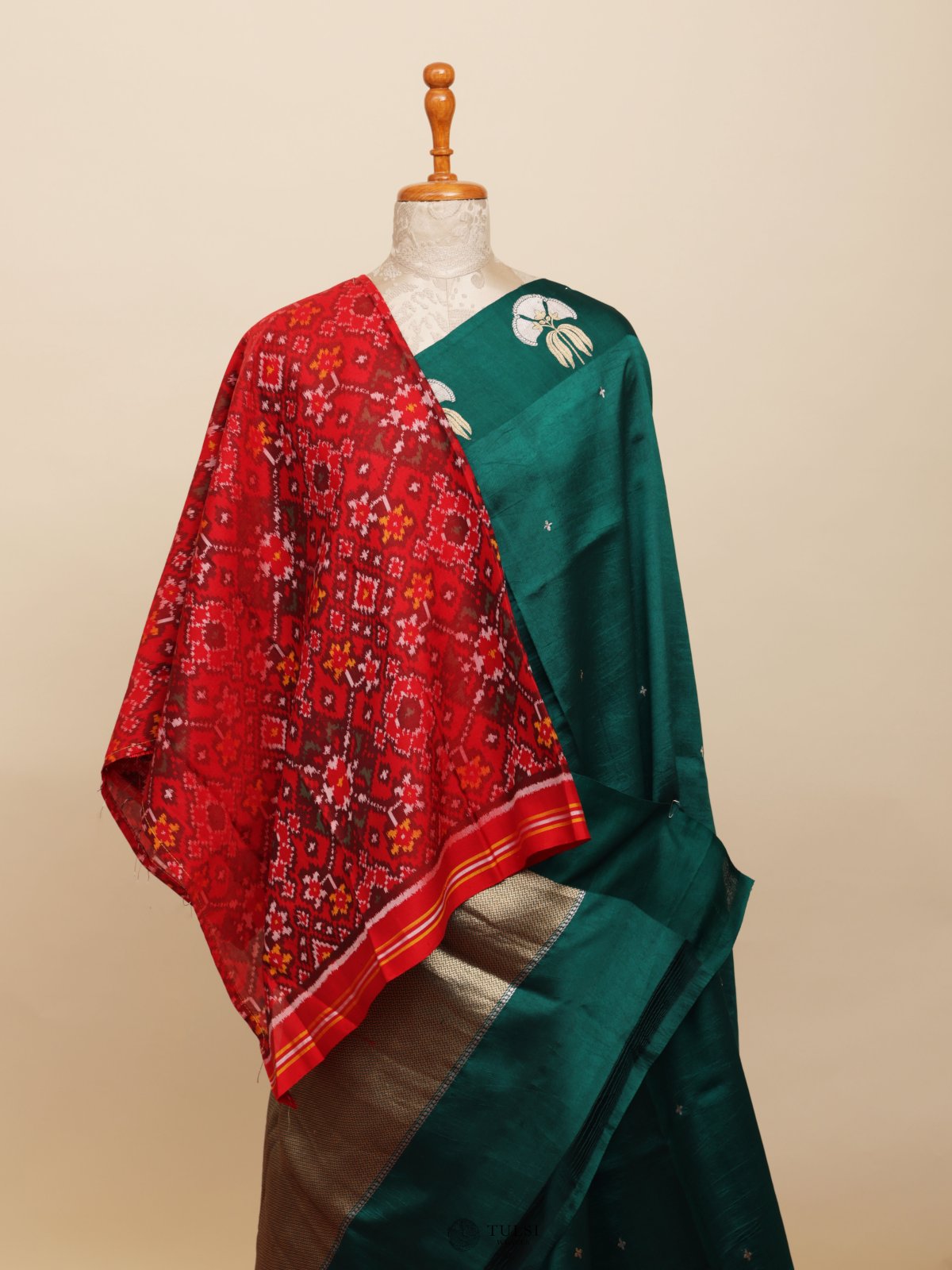 Dark Blue Green Mashru Silk Saree With Ikat Blouse