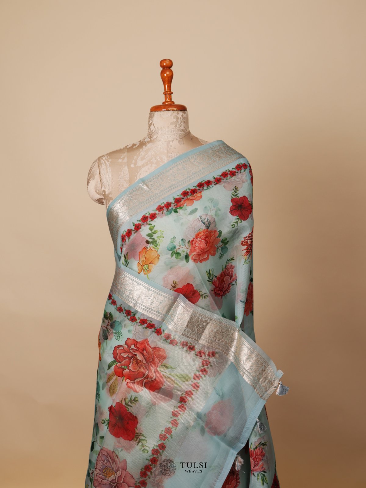 Light Blue Floral Printed Organza Silk Saree