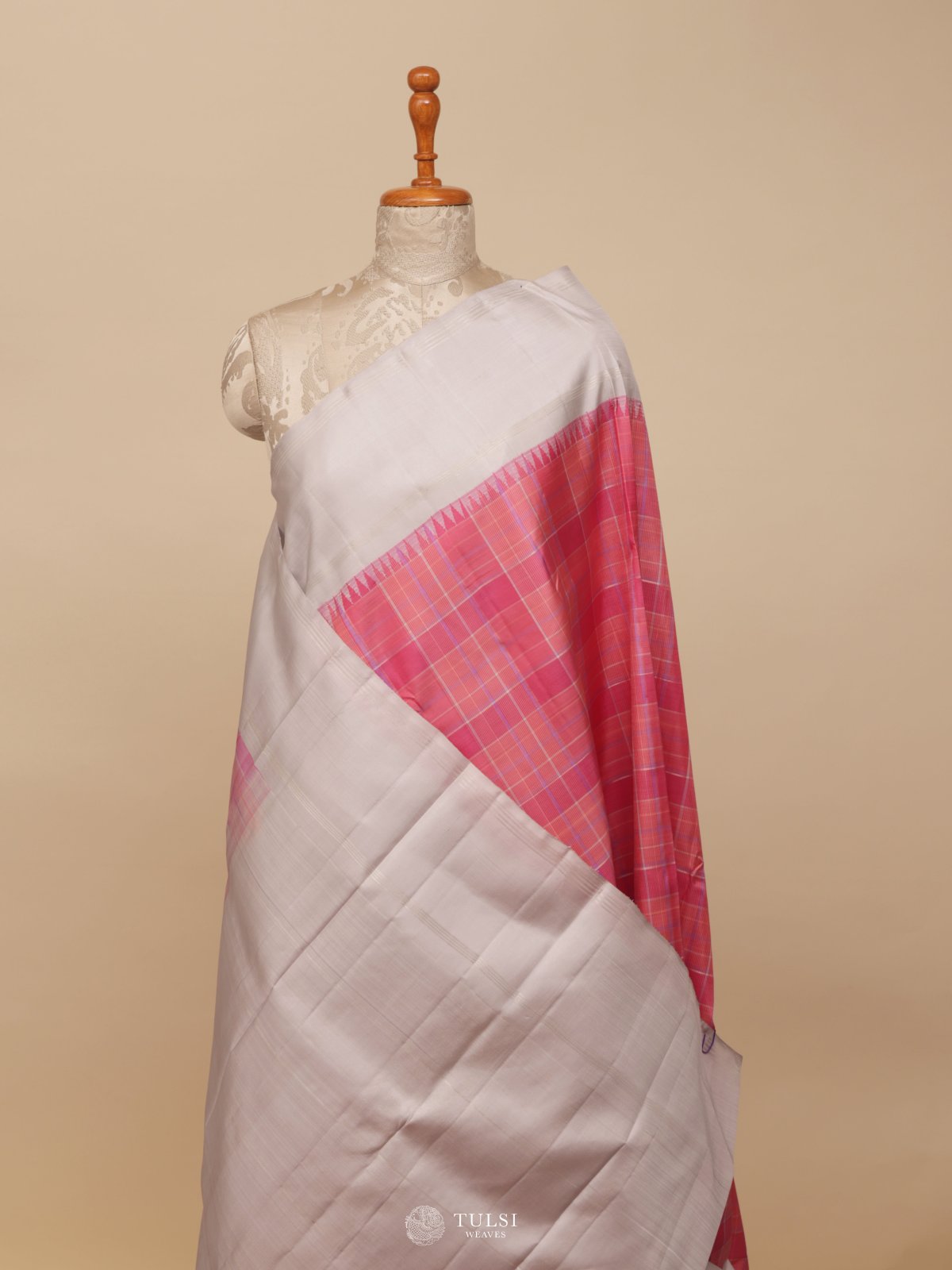 Multi Color Checked Kanjeevaram Silk Saree With Grey Border
