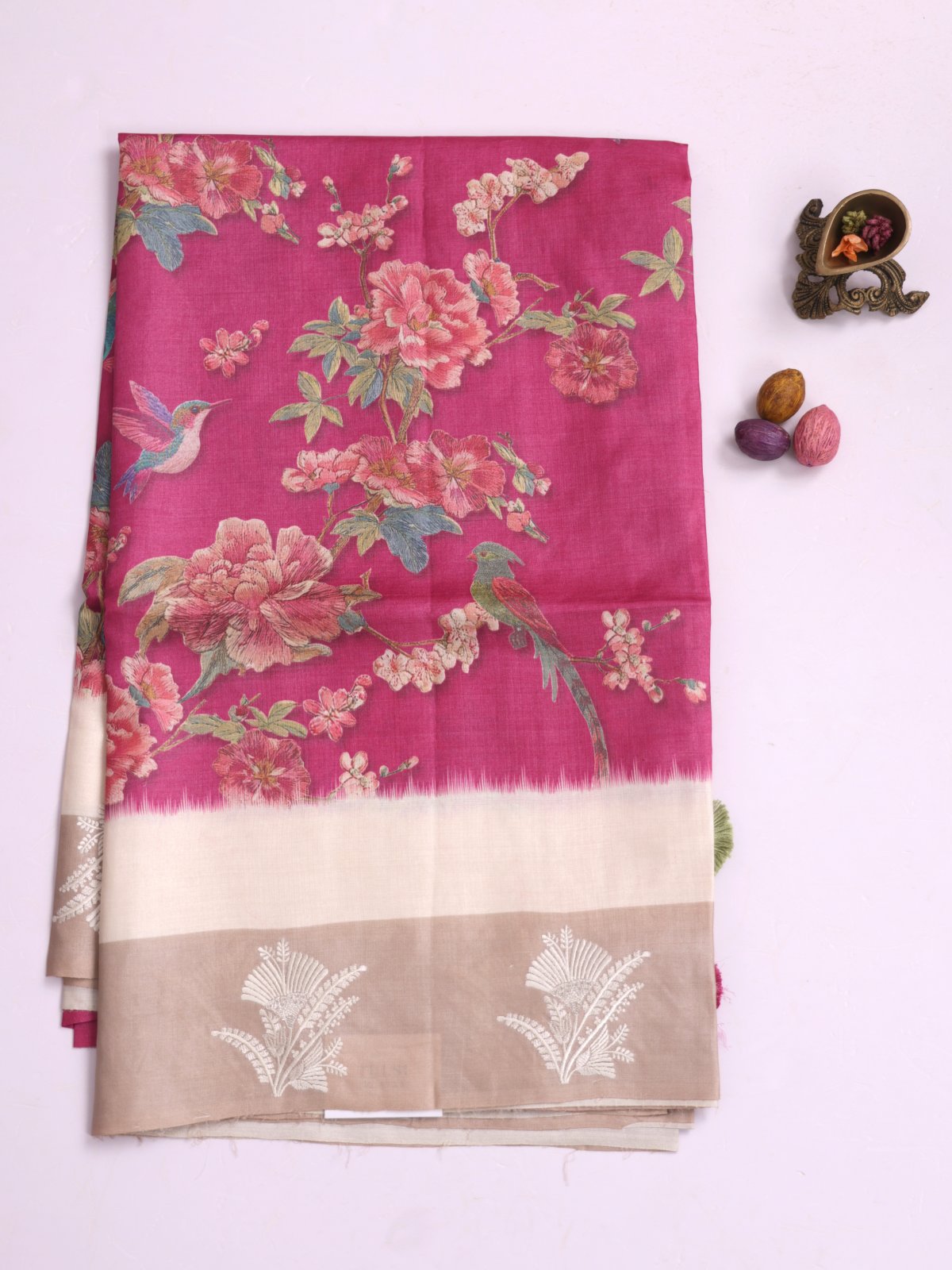 Pink Printed Tussar Silk saree With Beige Embroidered Border