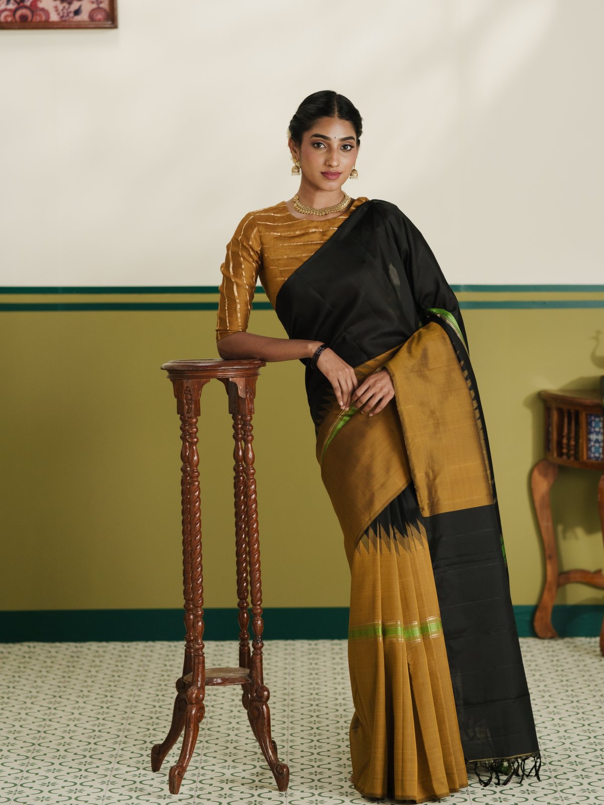 Vintage 49 - Black & Amber Mustard Half and Half Kanjeevaram Silk Saree