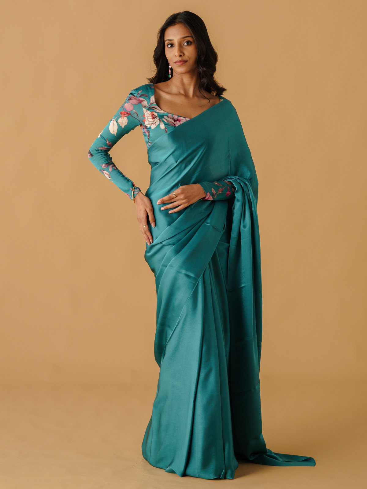 Teal Blue Satin Silk Saree With Printed Blouse