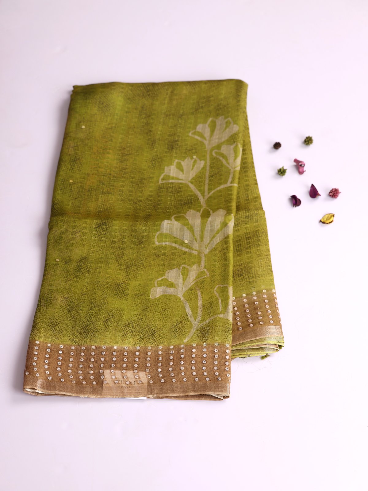 Mehndi Green Printed Organza Silk Saree With Sequins Border