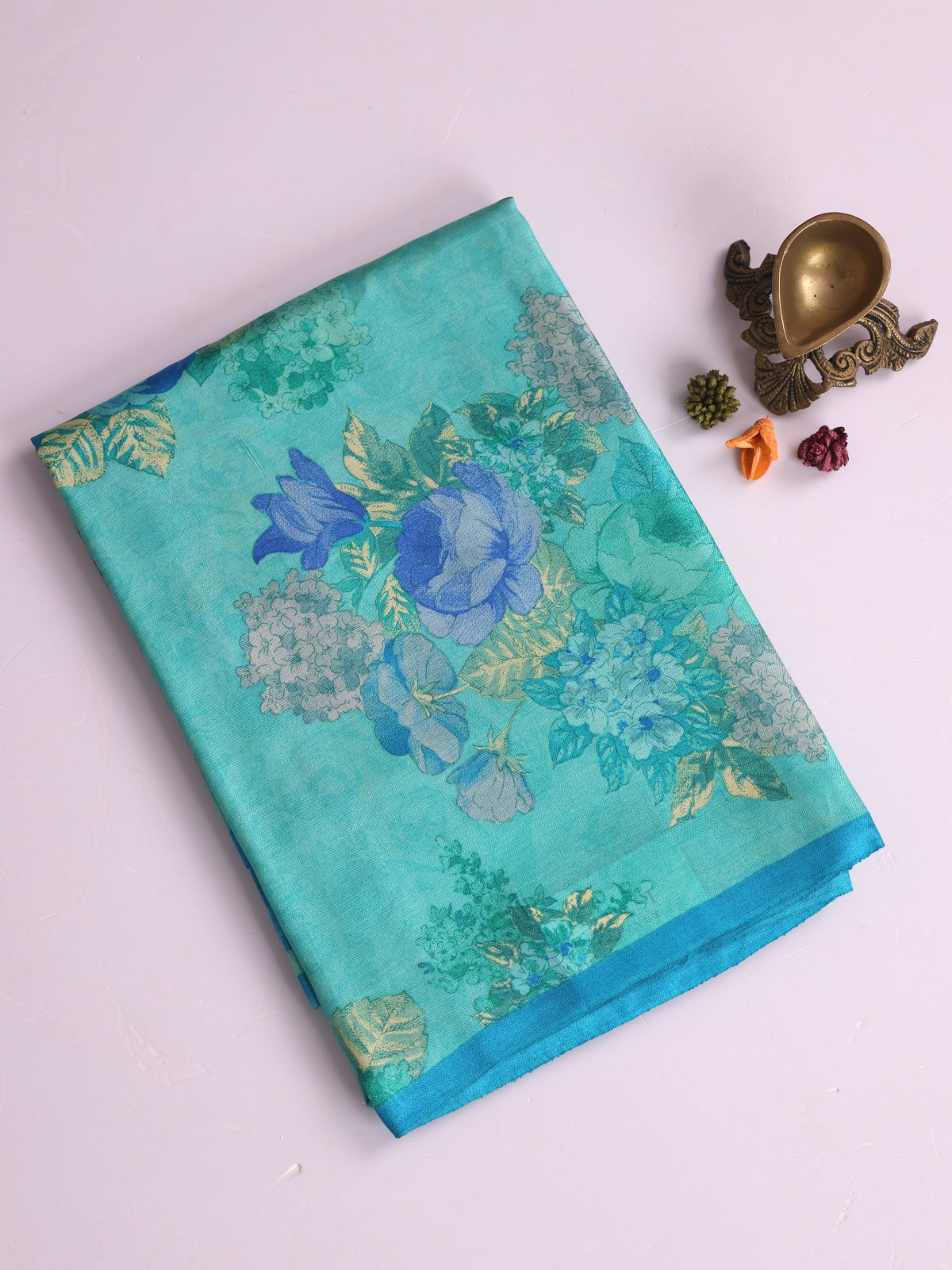 Greenish Blue Printed Tussar Silk Saree