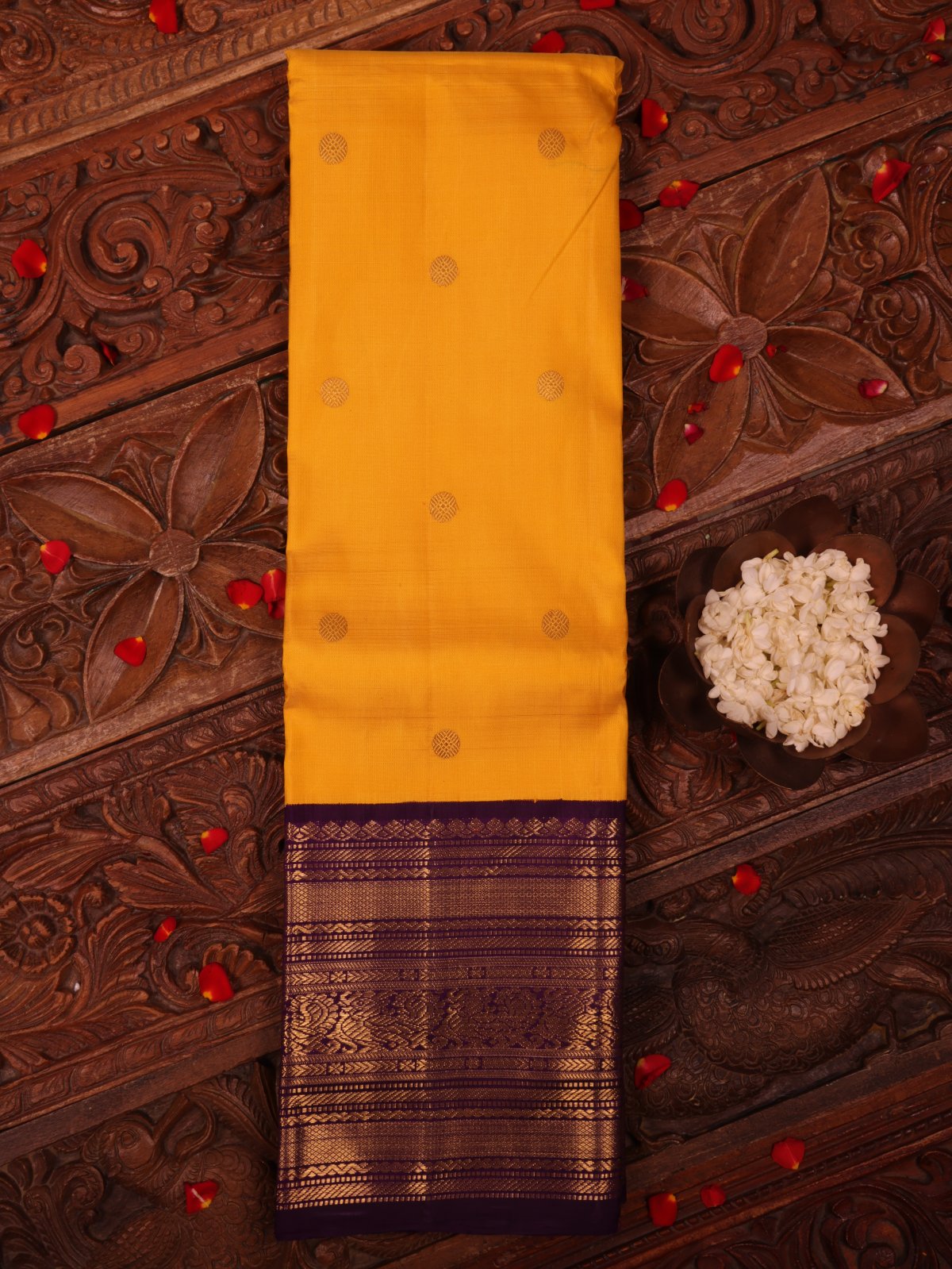 Yellow Kanjeevaram Silk Saree With Purple Zari Border