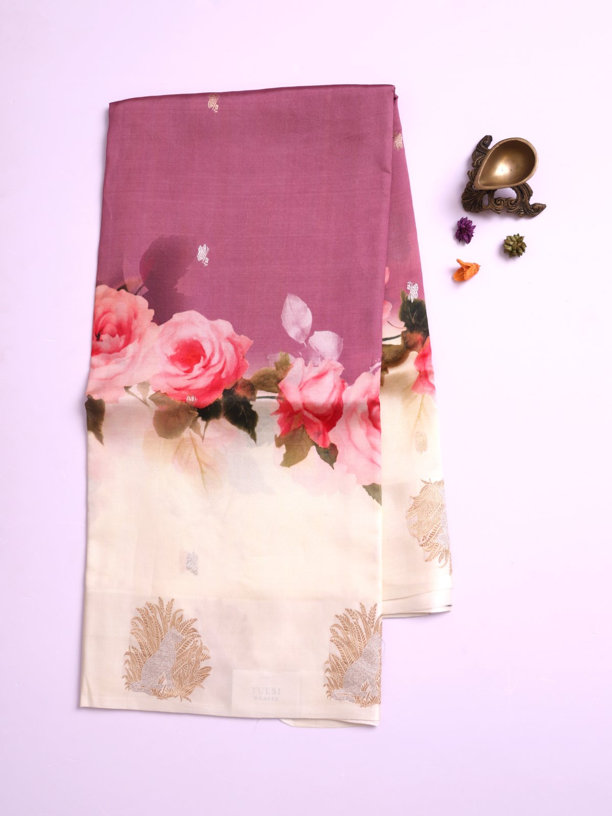  Mauve and Cream Printed Mashru Silk Saree with Self Satin Border