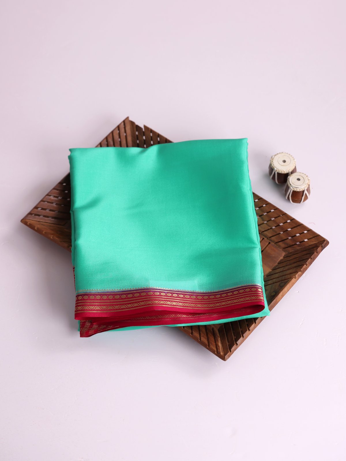 Turquoise Mysore Silk Saree with Reddish Pink Zari Border
