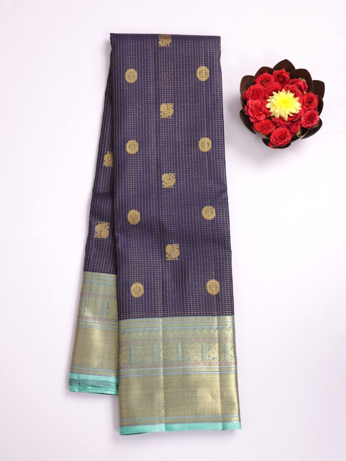 Navy Blue Zari Checked Kanjeevaram Silk Saree With Light Greenish Blue Zari Border 