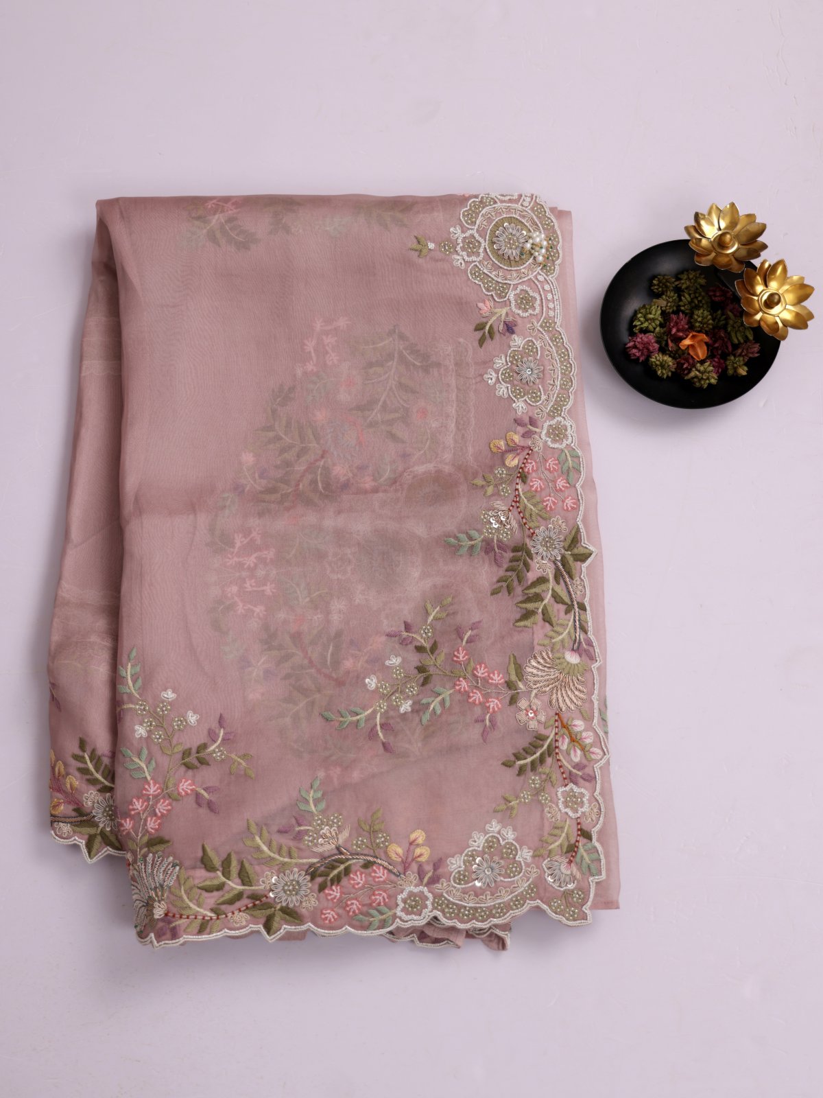 Dusty Pink Organza Silk Saree With Embroidered Border