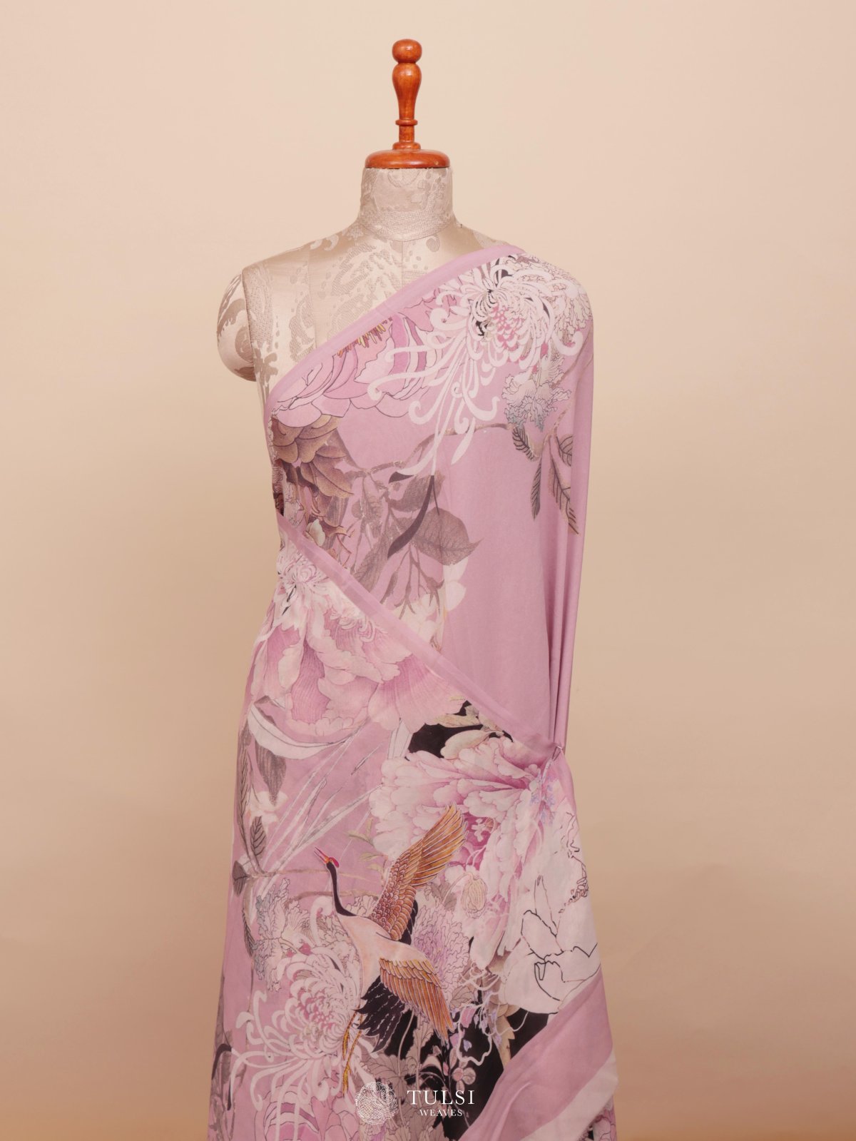 Light Pinkish Lavender Floral Printed Georgette Silk Saree