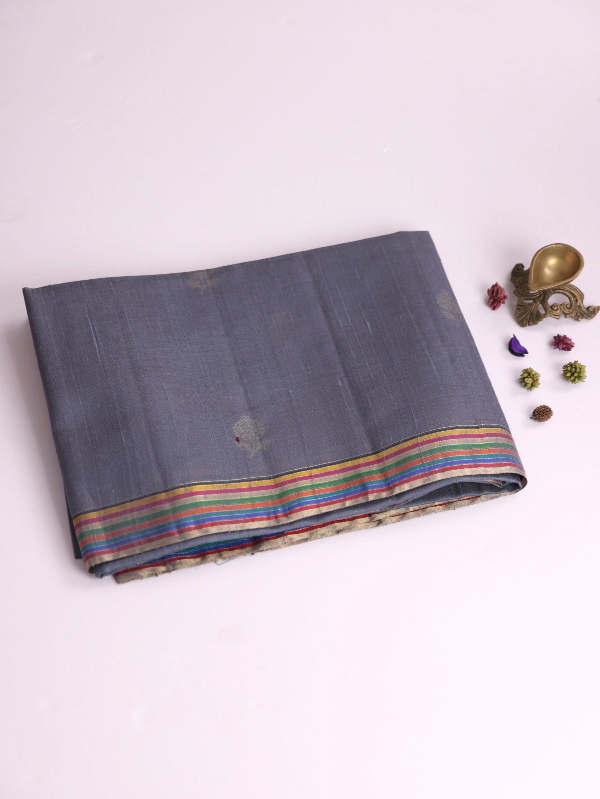 Bluish Grey Raw Silk Saree With Multicolor Border