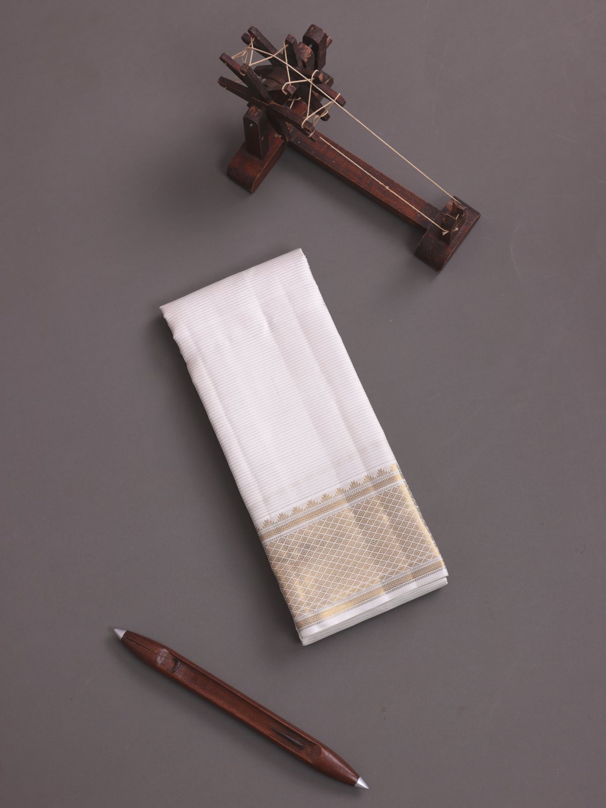 Off White Zari Striped Silk Dhoti With Zari Border 