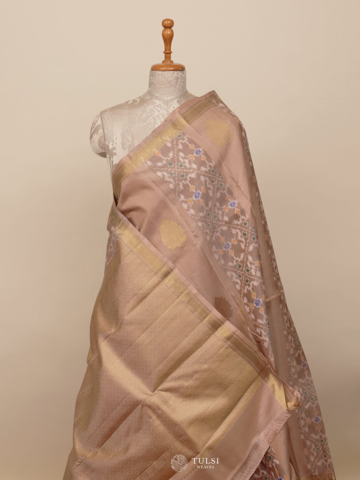  Beige Ikat Kanjeevaram Silk Saree