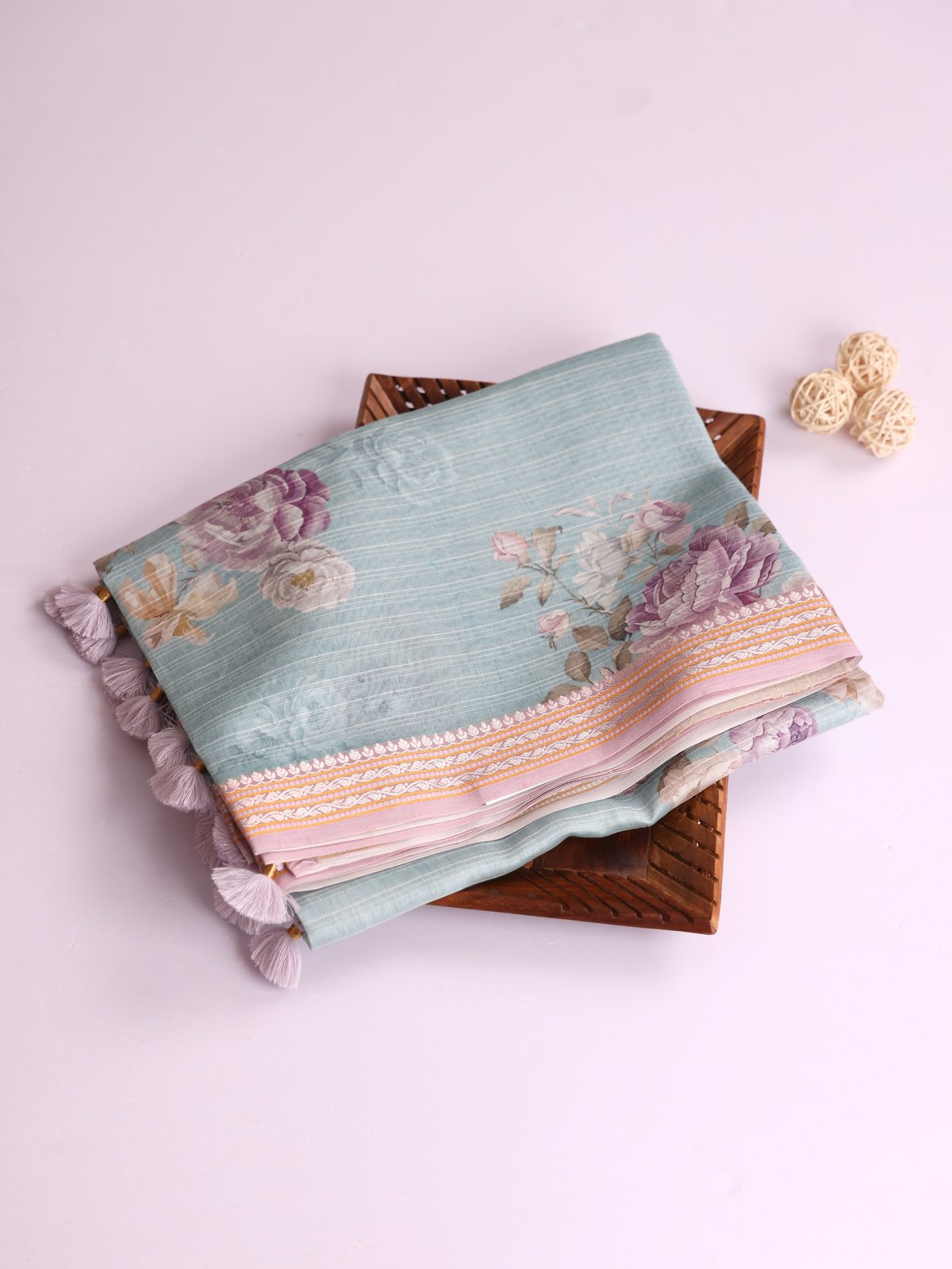Light Blue Printed Chanderi Cotton Saree With Light Lavender Zari Border