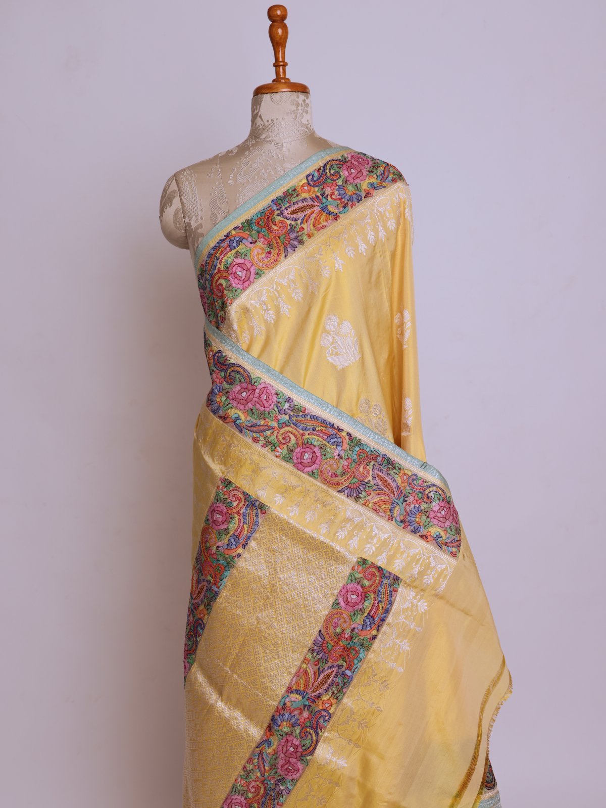 Yellow Banaras Silk Saree With Shadow Embroidered Border