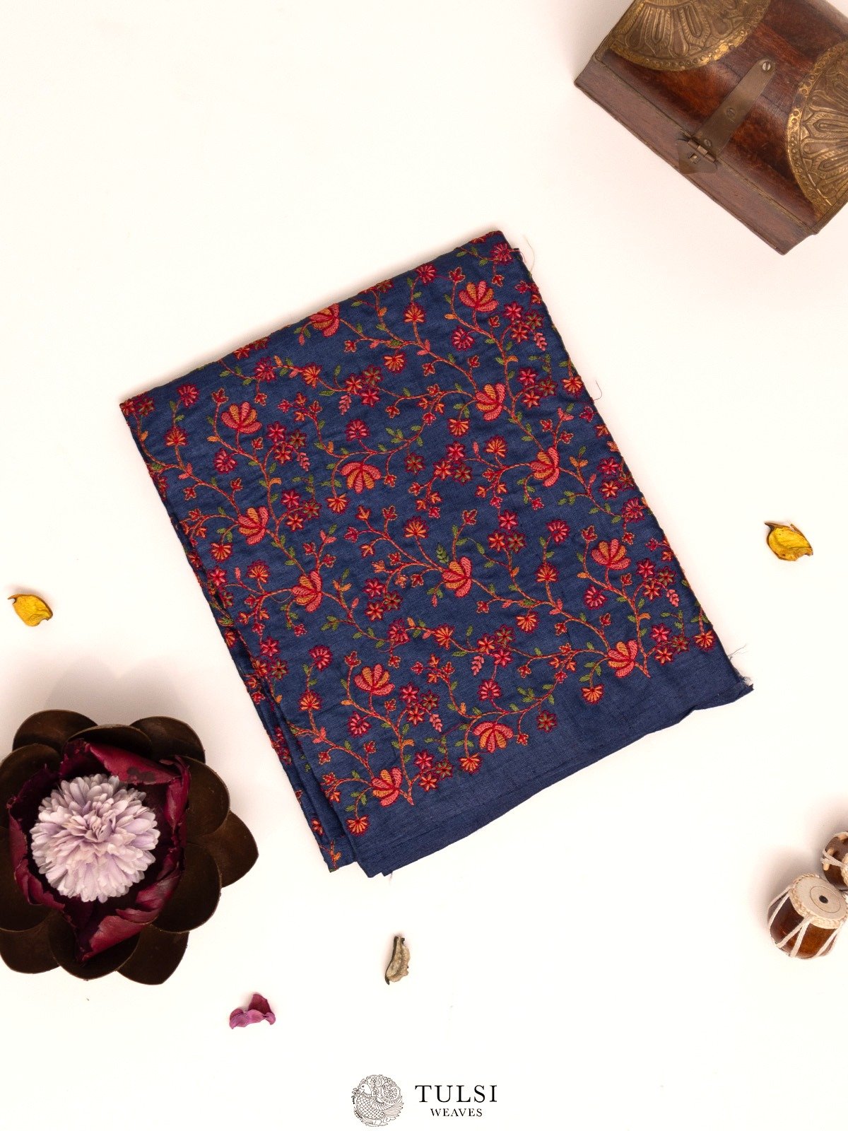 Dark Blue Tussar Blouse With Floral Embroidery