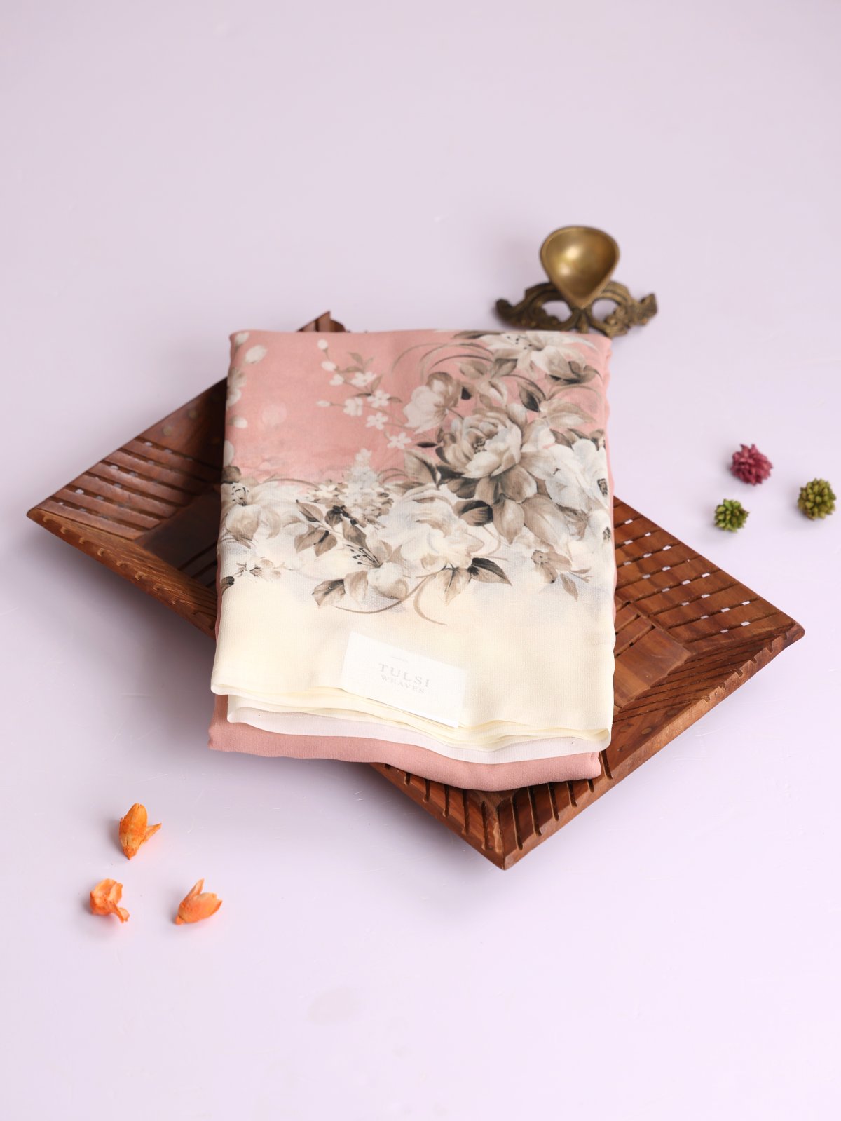 Peach Printed Georgette Silk Saree With Cream Border
