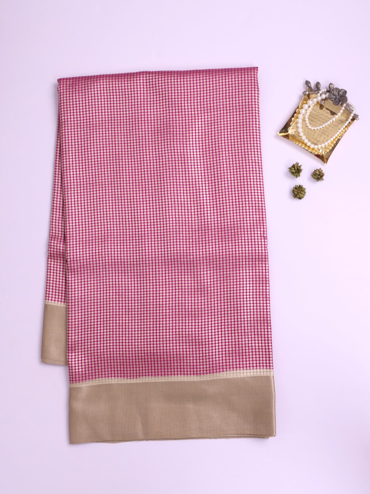 Pink Banaras Tussar Silk Saree with Beige Satin Border