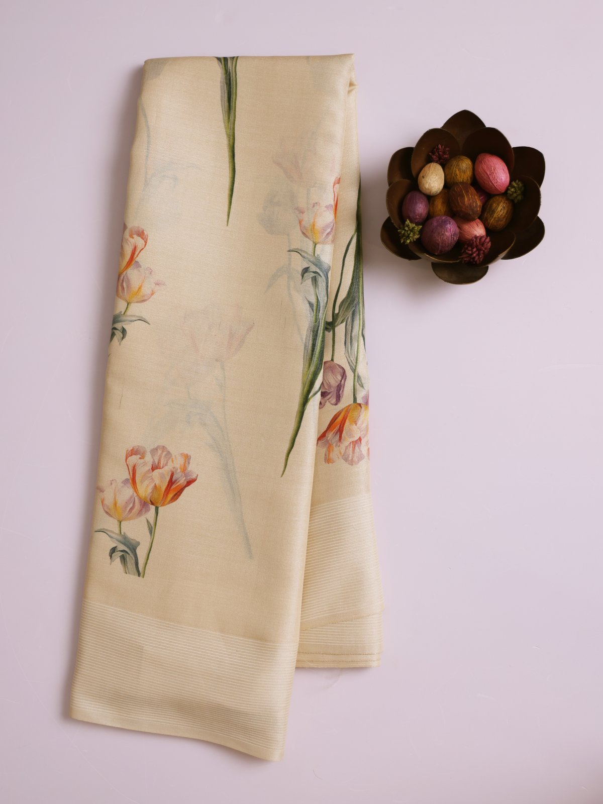 Cream Printed Tussar Silk Saree