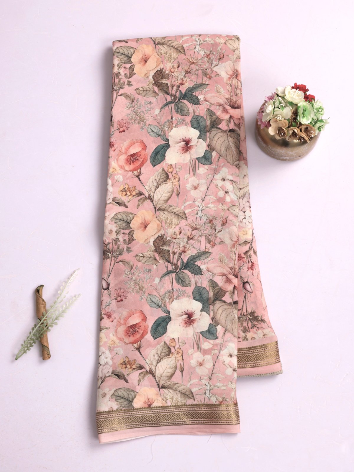 Peach Printed Mysore Crepe Silk Saree With Zari Border