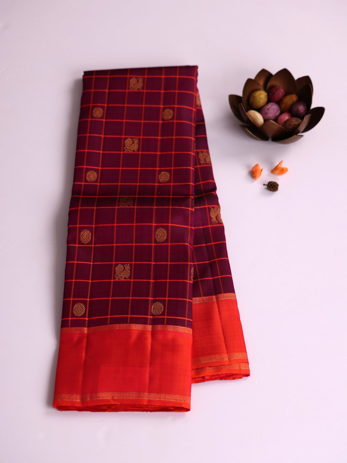 Dark Magenta Checked Kanjeevaram Silk Saree With Pinkish Orange Border