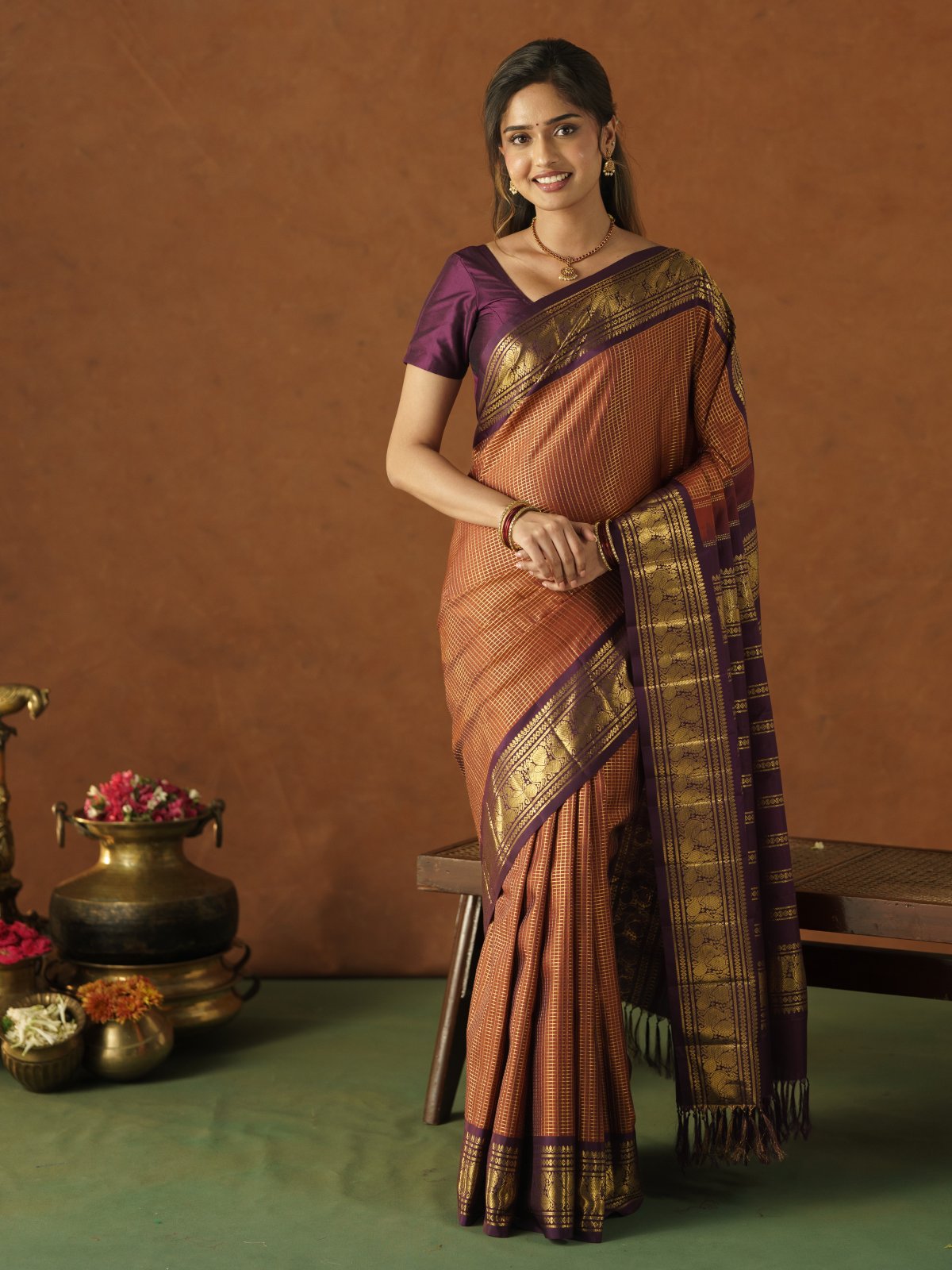 Rust Orange Kanjeevaram Silk Saree With Burgundy Border