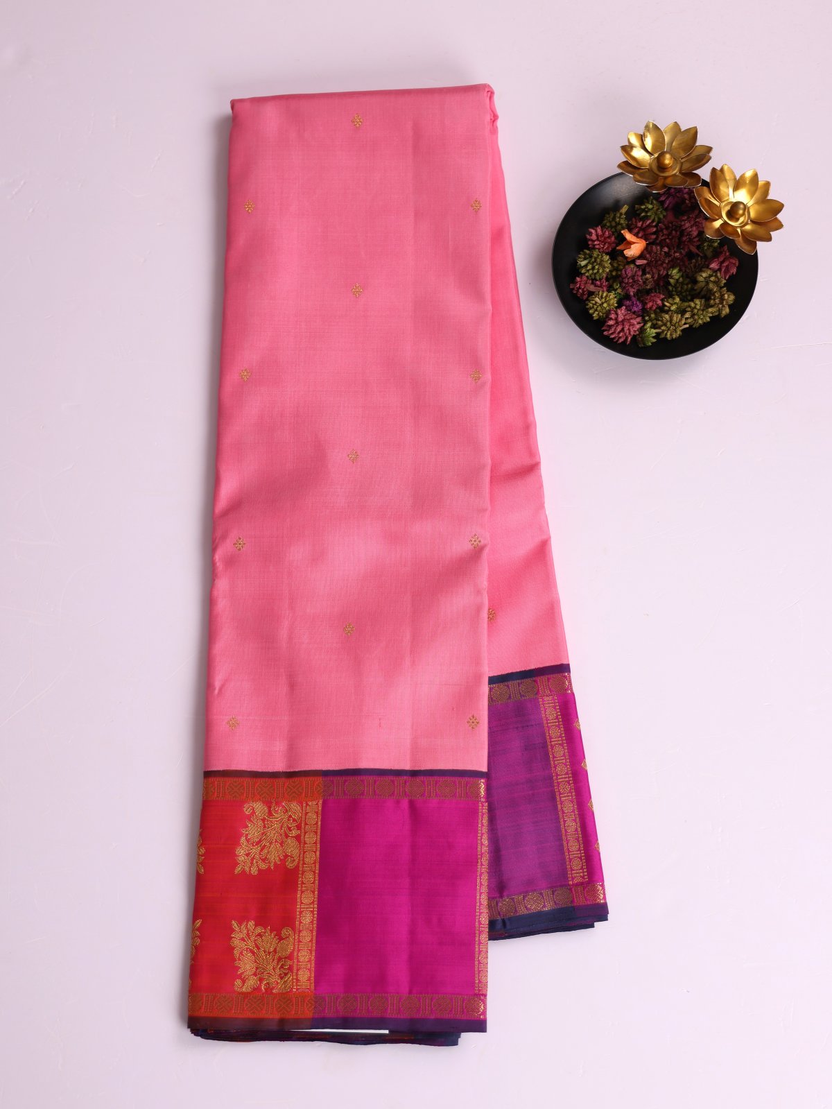 Pink Kanjeevaram Silk Saree With Multicolor Border