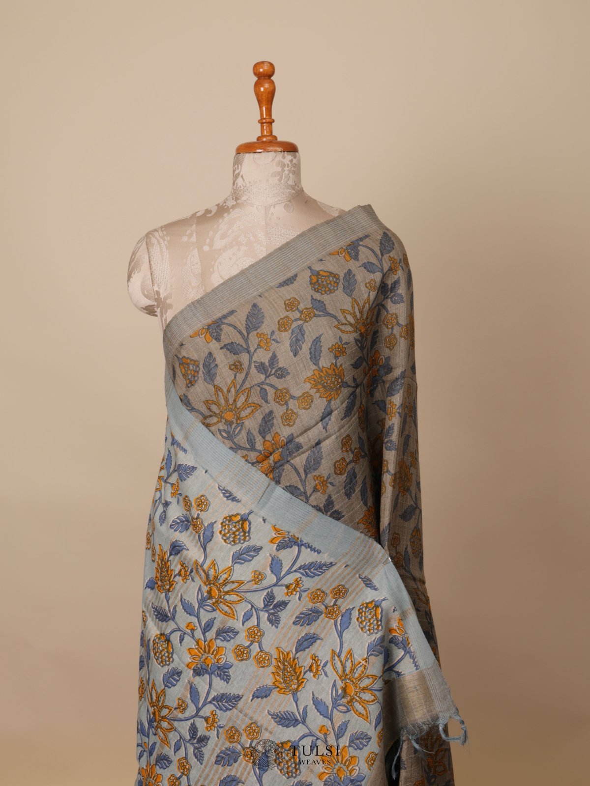 Grey Printed Tussar Silk Saree