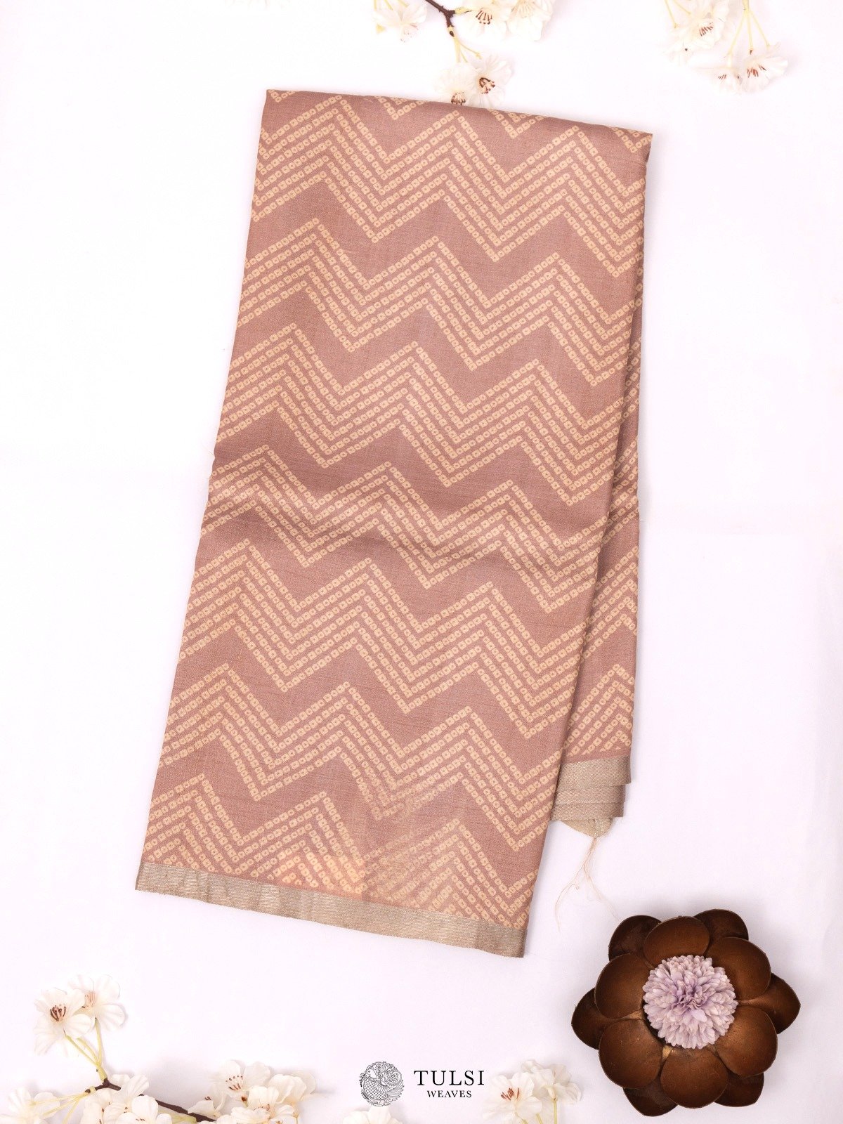 Rosy Brown Tussar Silk Saree with Bandhini Print