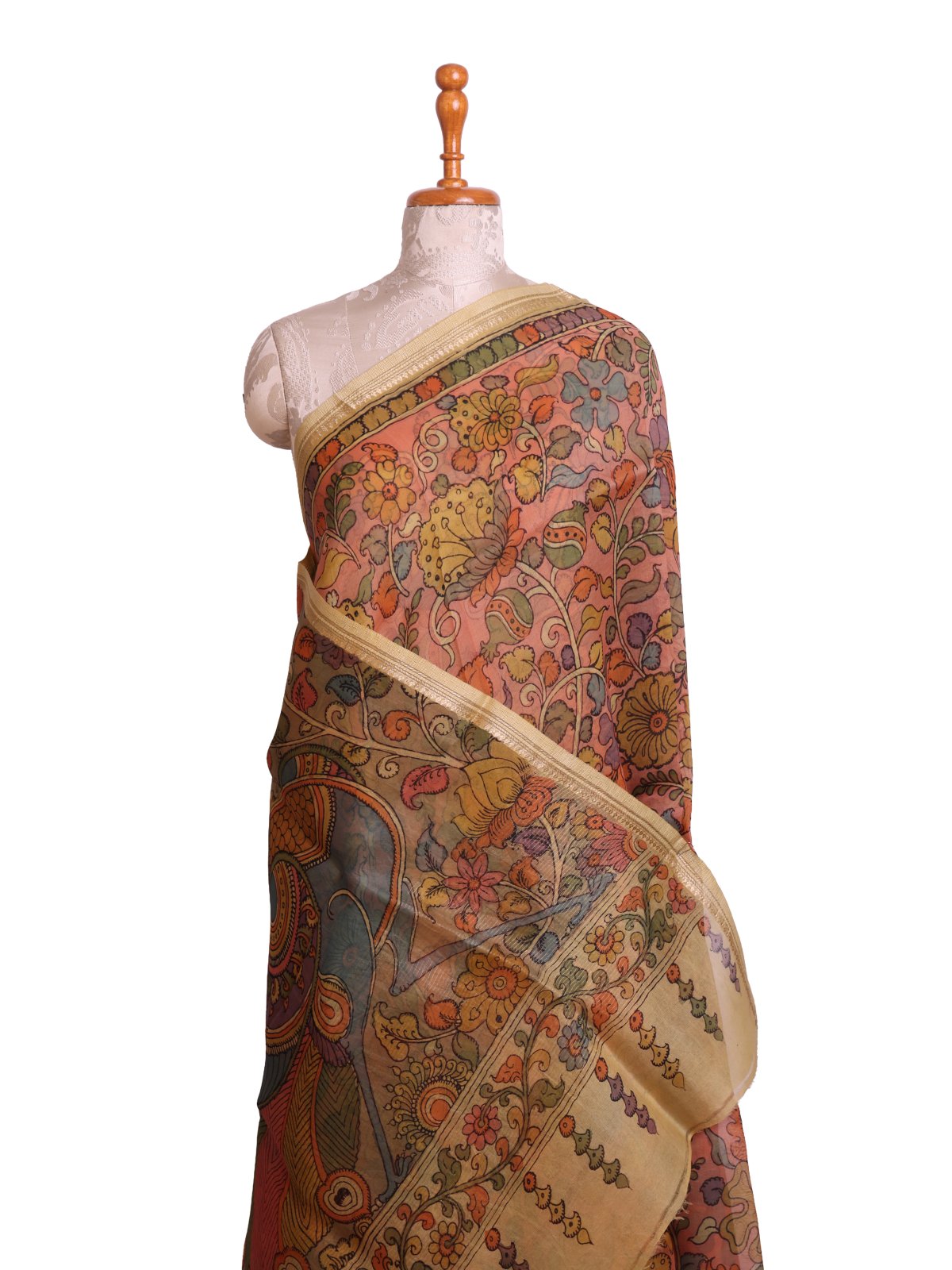 Pastel Coral Kalamkari Printed Organza Silk Saree