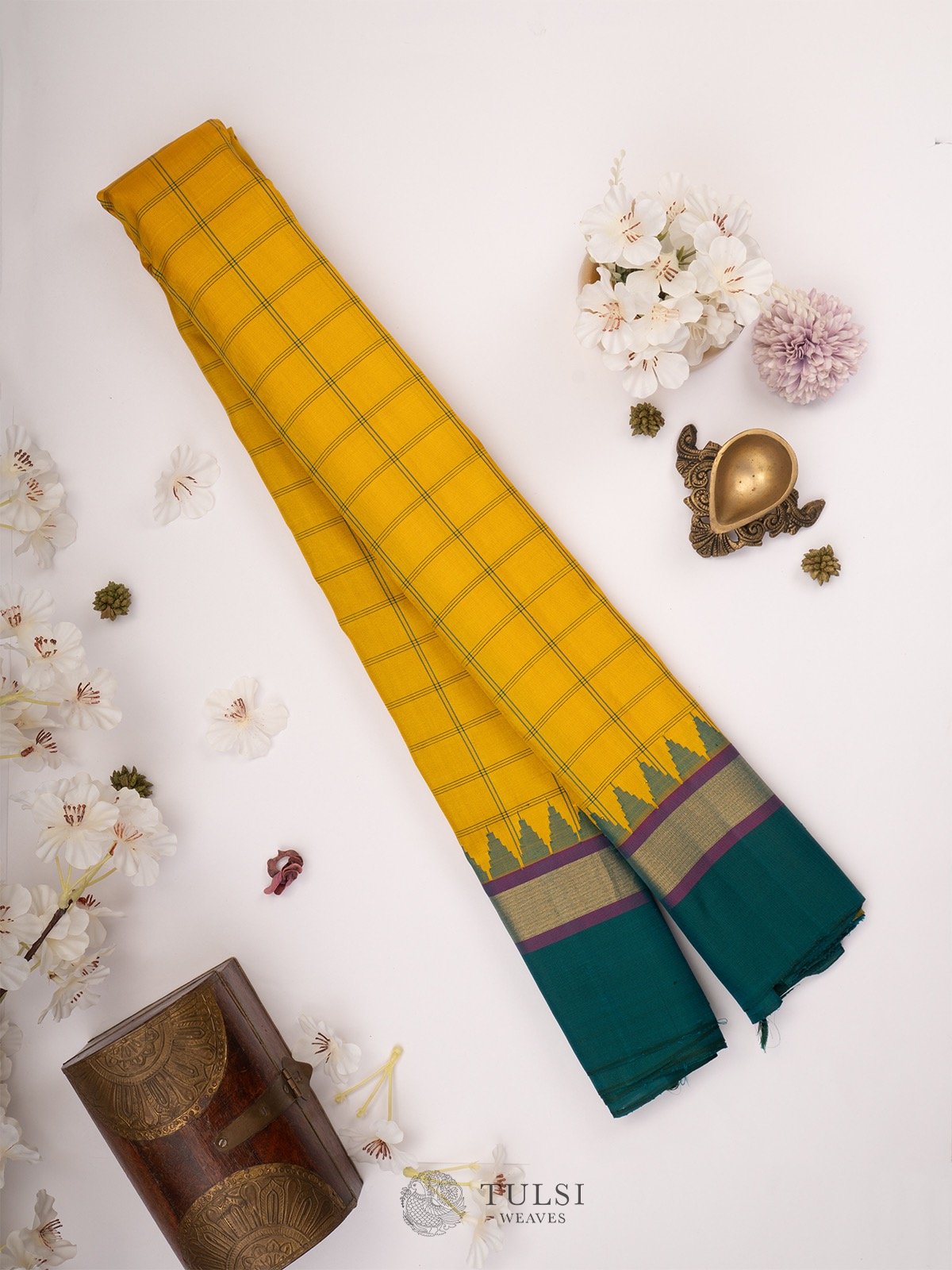 Yellow Gadwal Silk Saree with Green Border