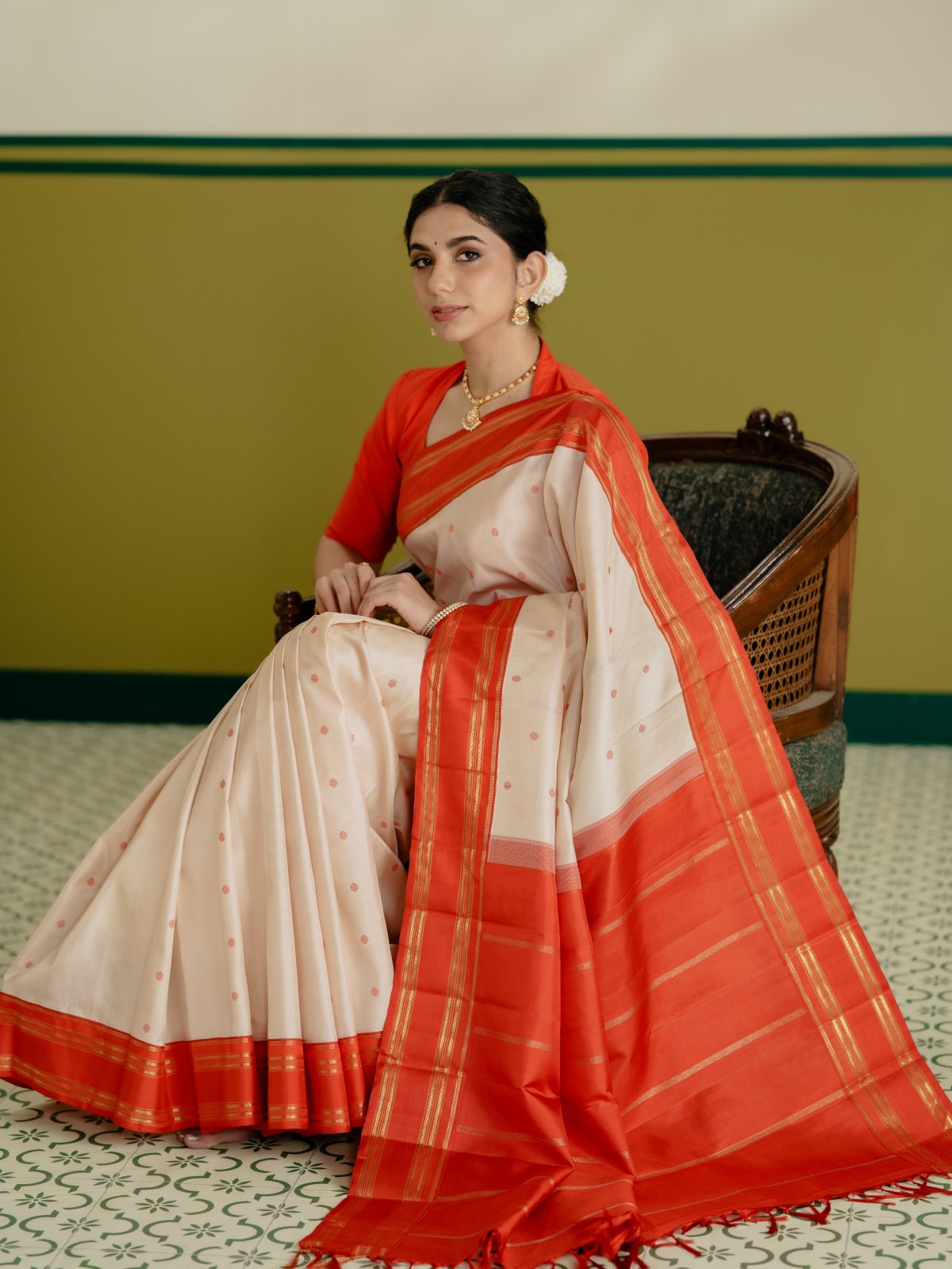 Vintage 58 - Cream Kanjeevaram Silk Saree With Orange Border